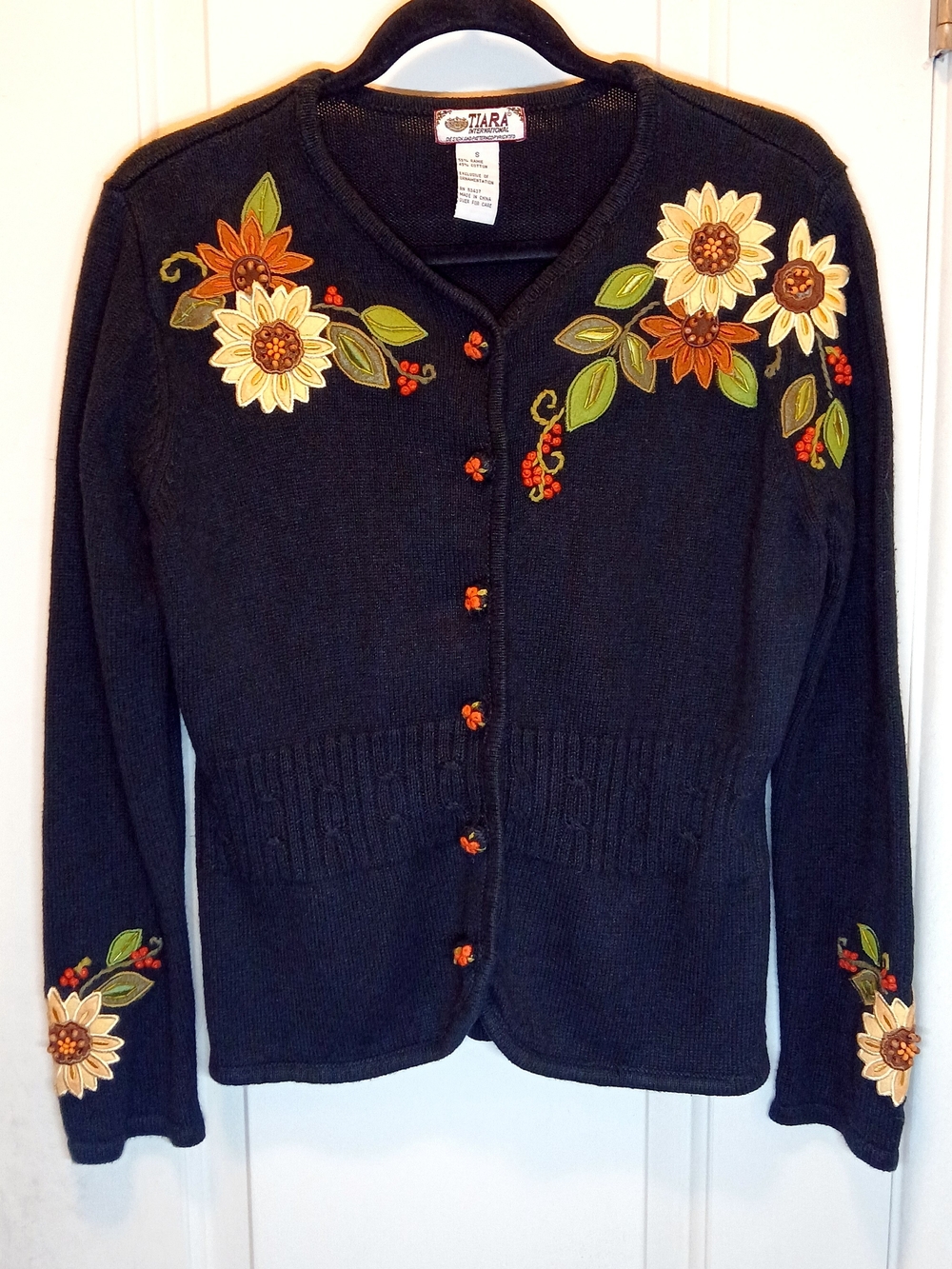 Tiara Black Floral Appliqué Cotton-Blend Cardigan Sweater Women's Size S Small